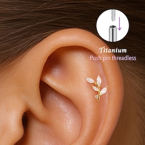 May include: A gold-coloured ear piercing with a leaf design, featuring clear, marquise-cut stones. The text "Titanium Push pin threadless" is visible. The piercing is shown on an ear.