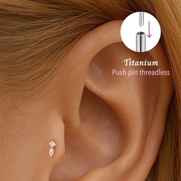 20G/18G/16G twee stenen push pins labret zonder schroefdraad • Kraakbeenoorbel • Tragus • Conch-stekker • Kraakbeenstekker • Labret met platte achterkant •Titanium stud