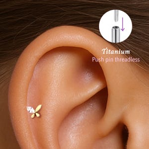 20G/18G/16G Butterfly Push pin theadless Labret • Cartilage Earring • Tragus • Conch Stud • Cartilage Stud • Flat back Labret •Titanium stud