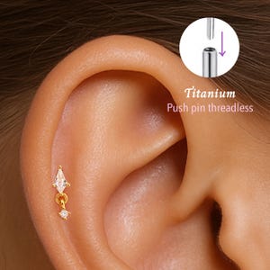 20G/18G/16G Cz Dangle Push pin theadless Labret • Cartilage Earring • Tragus • Conch Stud • Cartilage Stud • Flat back Labret •Titanium stud