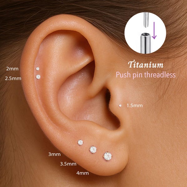 Labret sin rosca con pasador de presión de circonita cúbica de 20G/18G/16G • Pendiente de cartílago • Tragus • Pendiente de concha • Pendiente de cartílago • Labret de base plana • Pendiente de titanio