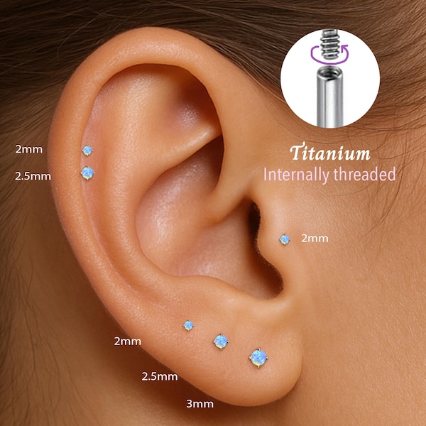 Pendiente labret roscado de ópalo azul de 18G/16G • Pendiente de cartílago • Pendiente de trago • Pendiente de concha • Pendiente de cartílago • Pendiente labret de base plana