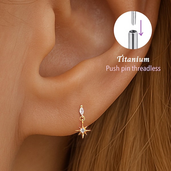 Pendiente de labret sin rosca con colgante de estrella de 20G/18G/16G • Pendiente de cartílago • Pendiente de trago • Pendiente de concha • Pendiente de cartílago • Pendiente de labret con parte trasera plana • Pendiente de titanio