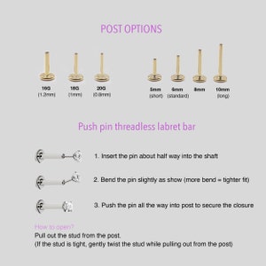 K&ouml;nnte beinhalten: Abbildung von goldfarbenen Push-Pin-Gewindelosen Labret-St&auml;ben in verschiedenen Gr&ouml;&szlig;en, von 16G (1,2 mm) bis 10 mm (lang). Die Abbildung enth&auml;lt auch Anweisungen zur Verwendung des Labret-Stabs. Der Text lautet 'Post Options'.