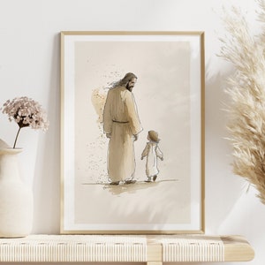 May include: A watercolour painting of a man and a child walking together. The man is wearing a long robe and the child is wearing a dress. The painting is in shades of brown and beige.