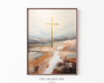May include: A painting of a golden cross standing on a hilltop with a white path leading up to it. The background is a soft blue and brown landscape.