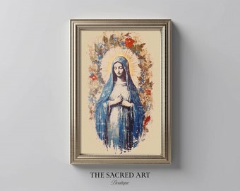 Virgin Mary Art Print: Boho Madonna, Floral Tapestry (Digital Download)