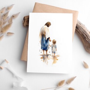 K&ouml;nnte beinhalten: Aquarellmalerei von Jesus, der mit einem Kind geht, beide mit dem R&uuml;cken zum Betrachter. Das Gem&auml;lde ist in Blaut&ouml;nen, Braun- und Wei&szlig;t&ouml;nen gehalten.