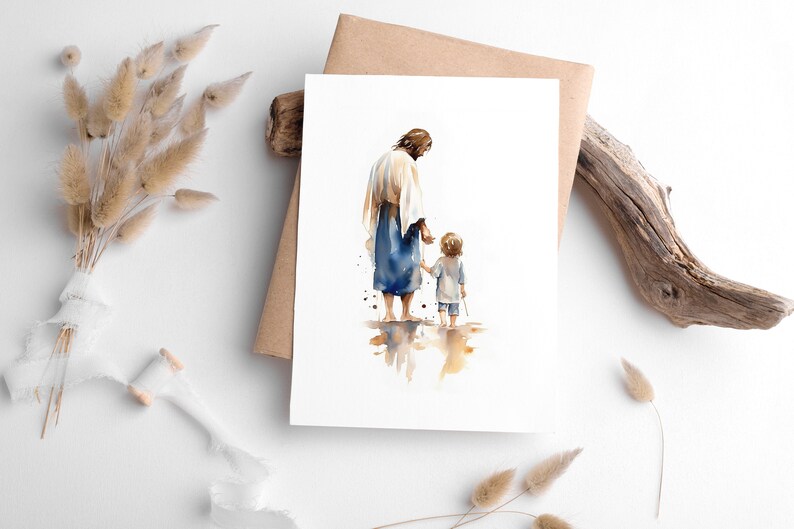 K&ouml;nnte beinhalten: Aquarellmalerei von Jesus, der mit einem Kind geht, beide mit dem R&uuml;cken zum Betrachter. Das Gem&auml;lde ist in Blaut&ouml;nen, Braun- und Wei&szlig;t&ouml;nen gehalten.