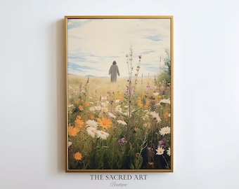 Puede incluir: Una persona camina por un campo de flores silvestres. Las flores son de color amarillo, blanco, rosa y morado. El cielo es azul y nublado. La imagen está enmarcada en un marco dorado.