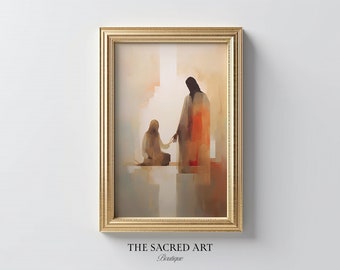 Jesus Heals Woman Art Print: Golden Beige Christian Wall Art (Digital Download)