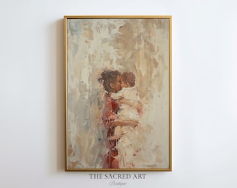 May include: A painting of a mother and child embracing. The mother is wearing a red dress and the child is wearing a white dress. The painting is done in a loose, impressionistic style with a soft, muted color palette.