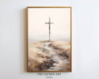 May include: A painting depicting a wooden cross standing on a hill with a path leading towards it. The background features a soft, hazy sky in shades of beige and brown.