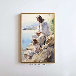 Jesus and Girl Watercolor Painting: Religious Wall Art (Digital Download)