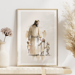 Op de afbeelding: Een aquarel schilderij van Jezus die met drie kinderen loopt. Het schilderij is in tinten bruin en beige, met een zachte, etherische uitstraling. Jezus draagt een lange robe en heeft een zachte uitdrukking op zijn gezicht. De kinderen houden zijn handen vast en kijken met bewondering naar hem op.