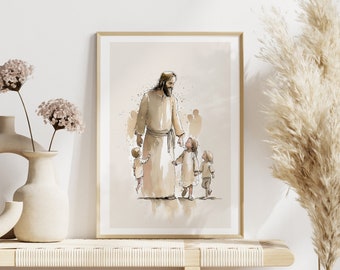 May include: A watercolor painting of Jesus walking with three children. The painting is in shades of brown and beige, with a soft, ethereal feel. Jesus is wearing a long robe and has a gentle expression on his face. The children are holding his hands and looking up at him with adoration.