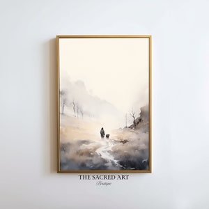 Jesús deja los 99, parábola de la oveja perdida, buen pastor, pintura de acuarela, arte imprimible digital, regalo religioso, decoración del hogar SUD