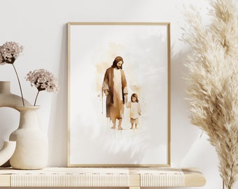 May include: Watercolor painting of a man and a child walking hand-in-hand. The man is wearing a brown robe and the child is wearing a white dress. The painting is set against a light brown background.