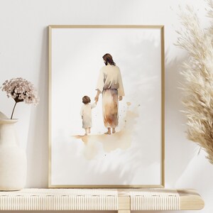 May include: Watercolor painting of Jesus walking with a child, both facing away from the viewer. The painting is in shades of brown and beige, with a watercolor background.