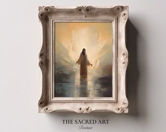 May include: A painting of Jesus Christ standing in a body of water with a golden light shining down on him. The painting is framed in a white ornate frame.