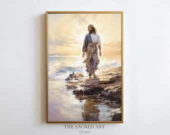 May include: A painting of Jesus walking on water with a golden sunset in the background. The painting is framed in a gold frame.