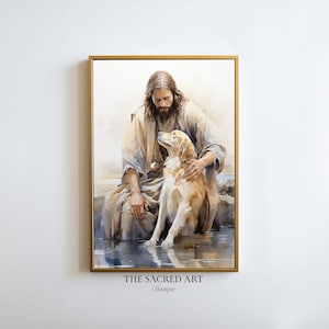 Miłośnik psów Jezus, najlepszy przyjaciel człowieka, malarstwo akwarelowe, sztuka do druku cyfrowego, wydruk Chrystusa, sztuka ścienna z Jezusem, prezent religijny, wystrój domu LDS