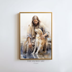 Jesus Dog Lover, Man's Best friend, Watercolor Painting, Digital Printable Art, Christ Print, Jesus Wall Art, Religious Gift, LDS Home Decor