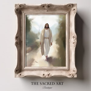 May include: A painting of Jesus Christ walking on a dirt path in a forest. He is wearing a white robe and has a long beard. The painting is framed in a light brown frame.