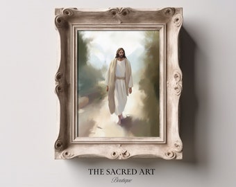 Jesus auf dem Weg Kunstdruck: Beige Christliche Dekoration (Digitaler Download)