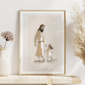 May include: A digital illustration of a man and a young girl walking together. The man is wearing a long robe and the girl is wearing a dress. The background is a light brown colour.