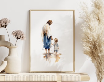 May include: Watercolor painting of a man and a child walking hand-in-hand on a beach. The man is wearing a long robe and the child is wearing a blue shirt and shorts. The painting is done in a soft, muted color palette.