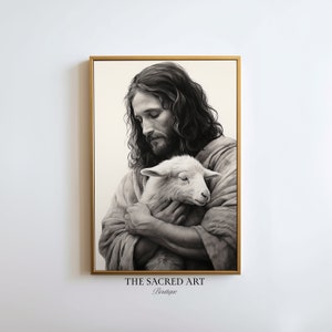 Christ&#39;s Embrace, Lamb of God, Leaves The 99, Portrait, Sketch, Digital Printable Art, Miracle, Wall Art, Religious Gift, LDS Home Decor