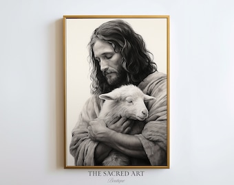 Christ's Embrace, Lamb of God, Leaves The 99, Portrait, Sketch, Digital Printable Art, Miracle, Wall Art, Religious Gift, LDS Home Decor