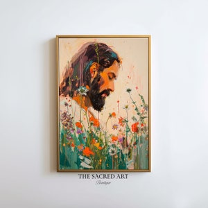 Watercolor Jesus Portrait with Flowers: Christian Wall Art (Digital Download)