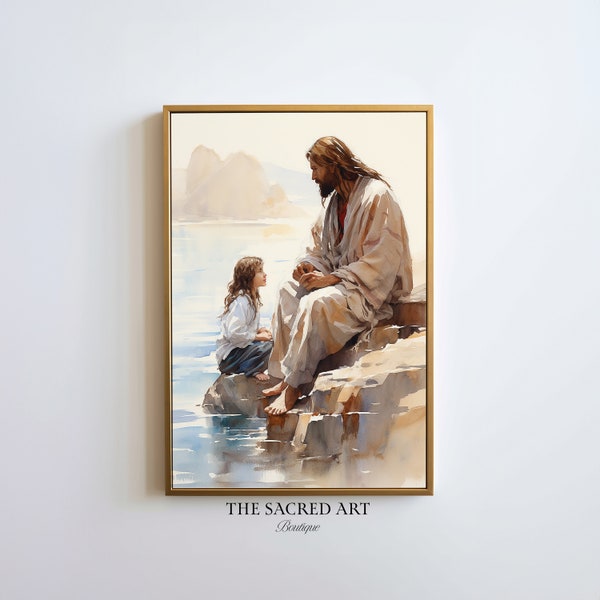Jesus Listening Child Portrait, Watercolor Painting, Digital Printable Art, Christ, Jesus Wall, Religious Printable Gift, LDS Home Decor