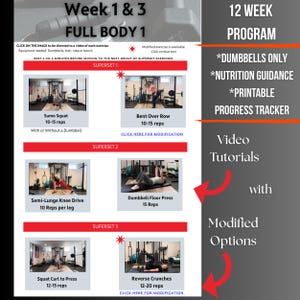 May include: A fitness program guide with the title "Week 1 & 3 FULL BODY 1". The guide includes exercise instructions for Sumo Squats, Bent Over Rows, Semi-Lunge Knee Drives, Dumbbell Floor Press, Squat Curl to Press, and Reverse Crunches. The program is a 12-week program with dumbbell-only exercises.