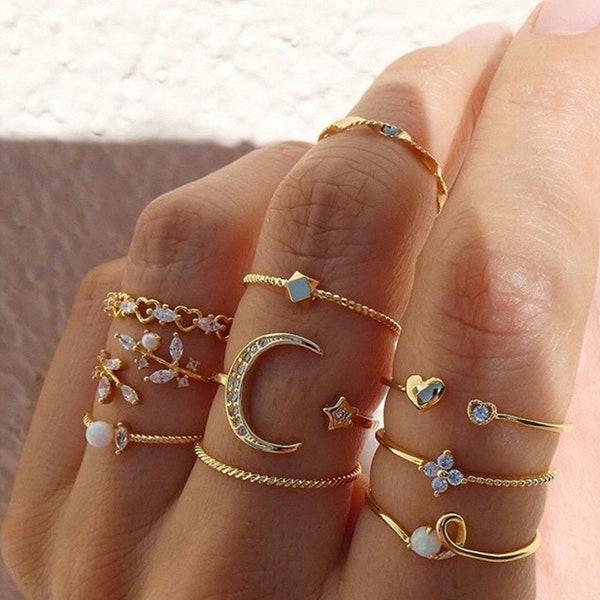 10pcs Gold and Pearl Plated Rings - Moon and Stars Stackable Statement Rings - Everyday Minimalist Jewelry - ring set