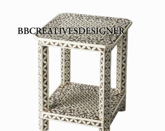 骨象嵌のブルー＆ホワイトストライプデザインベッドサイドテーブル