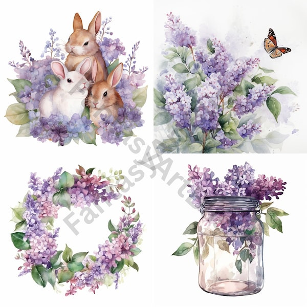 75 Lilac Floral Clipart Watercolor PNG Bundle Purple Flowers Bouquets, Wreaths, Bunnies, Birds, and Flowers In a Jar, Commercial Use