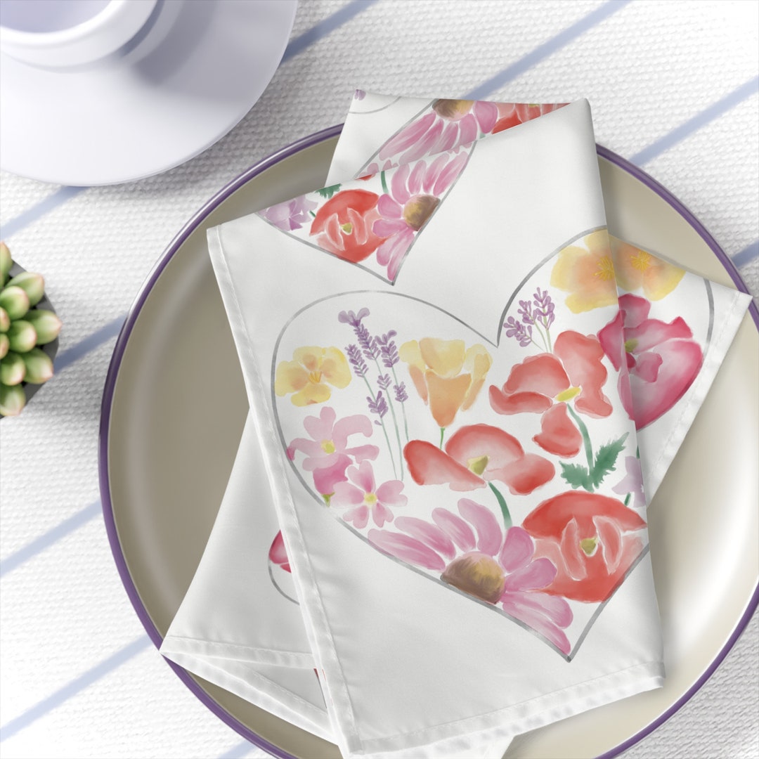 Cloth Napkin Wildflower Heart Handpainted Digital Art Print Napkin for