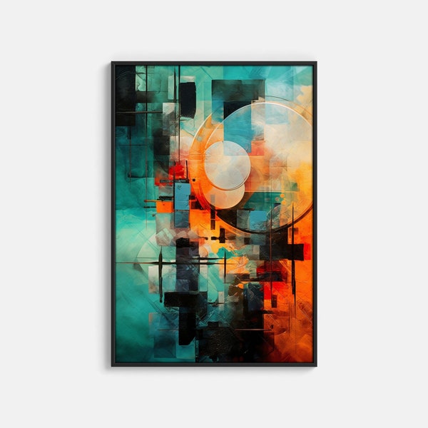 Abstract Wall Art in Teal and Orange PRINTABLE Tropical Exotic Energetic Geometric Poster Modern Digital Artwork Kitchen Decoration