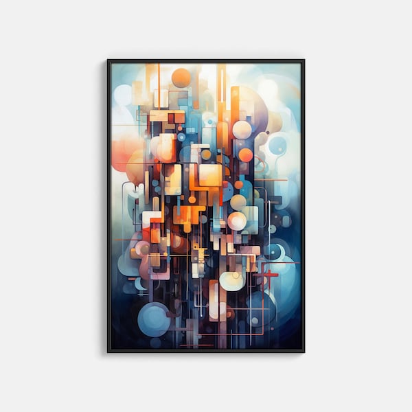 Abstract Wall Art PRINTABLE Robotic Futuristic Geometric Shapes in Cool Blue Tones Industrial Contemporary Loft Decoration