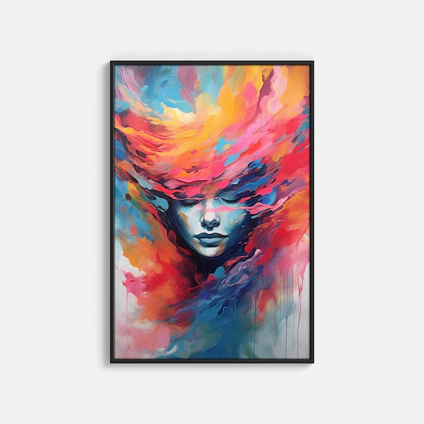 Colorful Portrait PRINTABLE Abstract Watercolor Female Face Symbolic Meaningful Wall Art Empowering Emotional Poster Women’s Day Gift