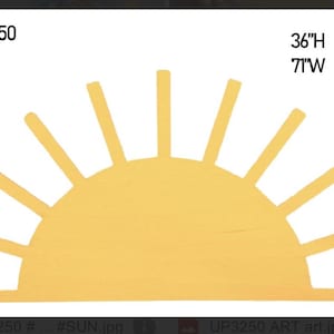 May include: A yellow wooden sunburst wall decor. The sun is 36 inches high and 7 inches wide. The sun has a semi-circular base with straight rays extending upwards. The text "UP3250" is in the upper left corner.