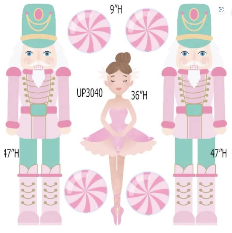 May include: Two pink and green nutcracker figures stand on either side of a ballerina doll. The ballerina is wearing a pink tutu and has brown hair. There are four pink and white candy cane ornaments around the figures. The text "UP3040" is written above the ballerina. The text "47"H" is written below each nutcracker and the text "36"H" is written below the ballerina. The text "9"H" is written above each candy cane ornament.