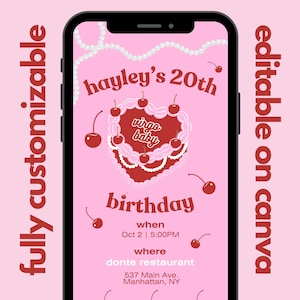 Animierte Geburtstagseinladung, perfekt für Instagram Stories, iMessage, Whatsapp, Digital Template, Cake Red Cherry, Virgo Baby Szn Season