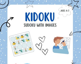 May include: A colorful illustration promoting "Kidoku" Sudoku with images for ages 4-7. The illustration features a child solving a Sudoku puzzle, a brain with puzzle pieces, and a grid with images of bees, birds, snails, and flowers.