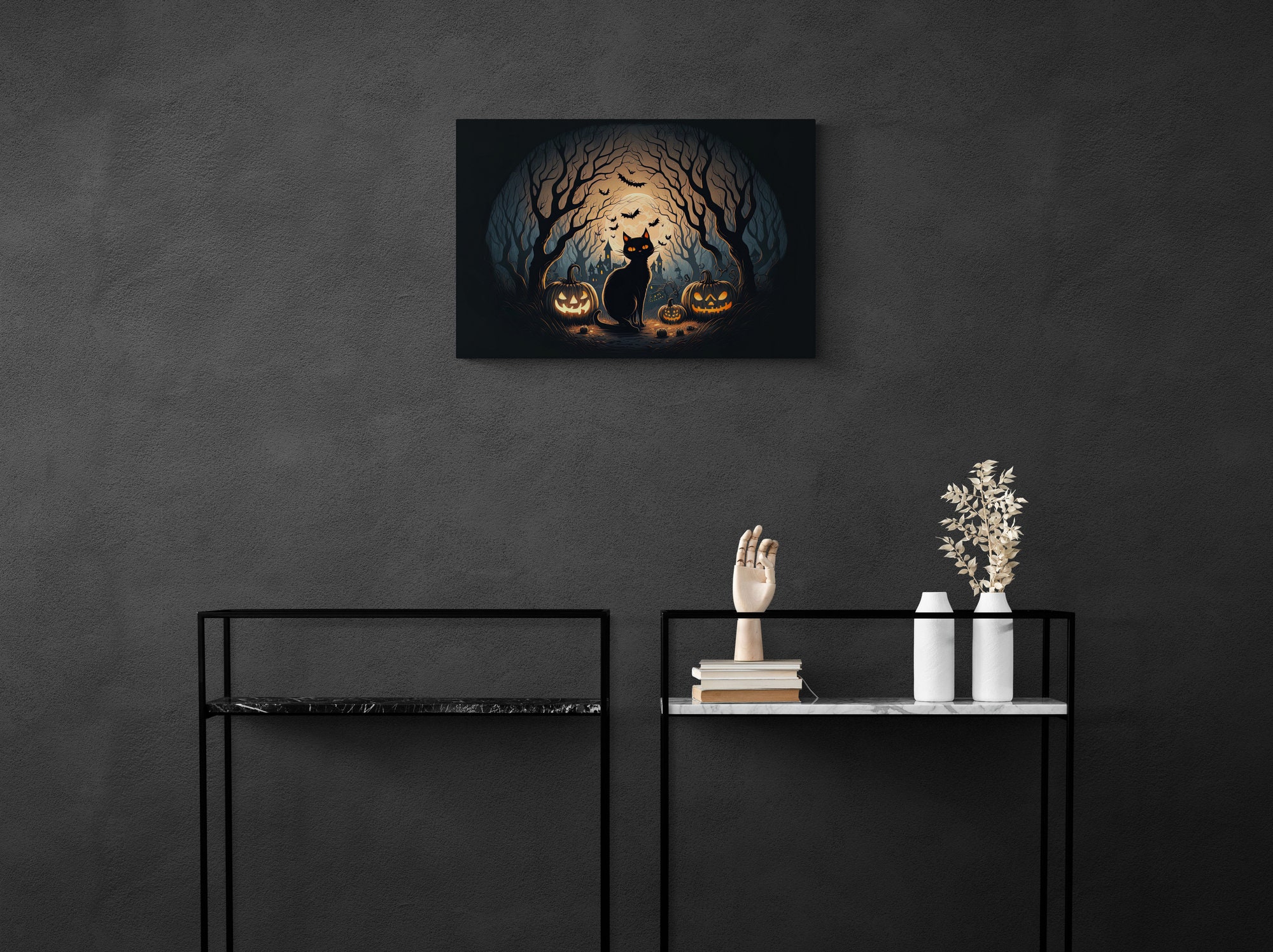 Black Cat Halloween Moon Wall Art Print 1.25 Depth Etsy