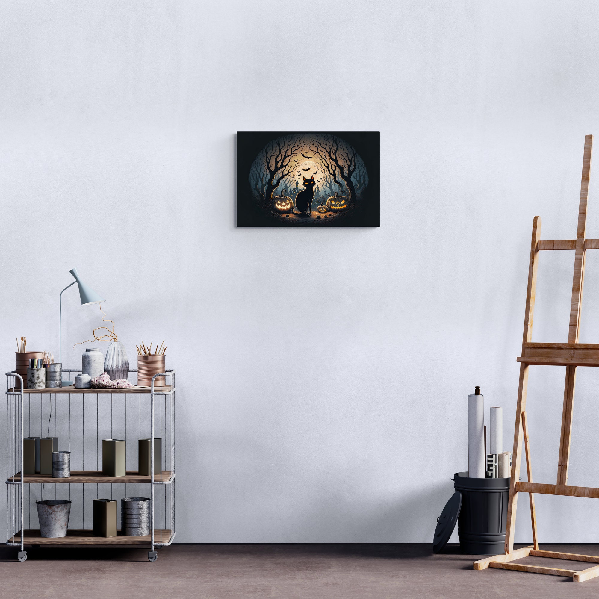 Black Cat Halloween Moon Wall Art Print 1.25 Depth Etsy