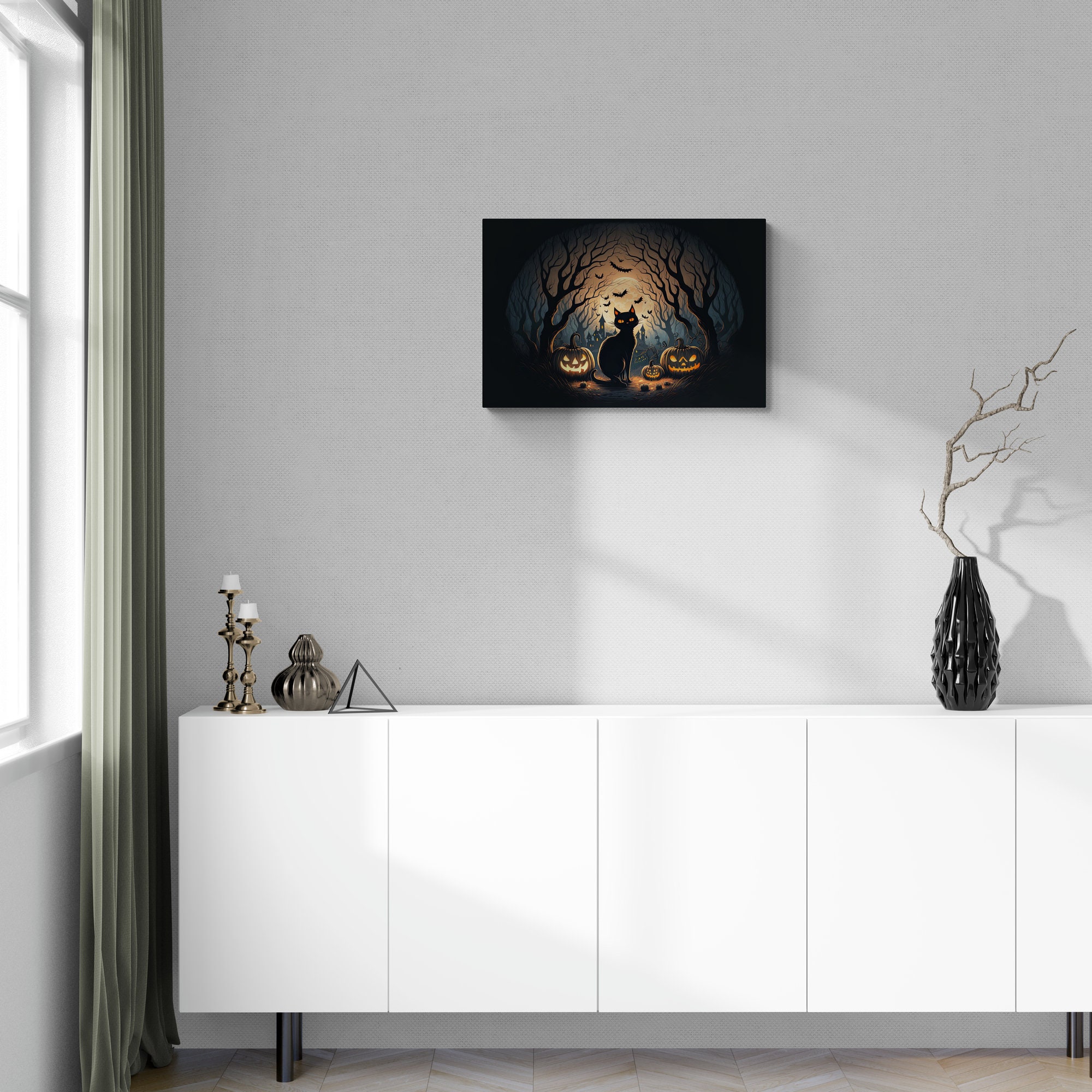 Black Cat Halloween Moon Wall Art Print 1.25 Depth Etsy